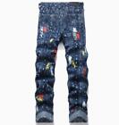 Men s Dark Blue Denim Jeans Straight Leg Letter Decor Printed Punk Hip Hop Pants