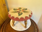 Vintage 12  Round Footstool Ottoman Floral Needlepoint Hooked Rug Cottage Core