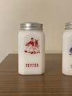 Vintage Dutch Boy Girl Salt Pepper Shaker Set Milk Glass Red Blue Farmhouse