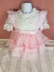 Vtg Popayes Sheer Organza Pink White Party Dress Full Circle Nylon Pearls Lace S