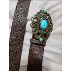Womens Western Turquoise Gem Belt Buckle  Brown Leather Embossed Floral 44 Inchs