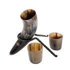 Viking Drinking Horn Mug With Twisted Iron Rack And Shot Glass Pair Gift For Him