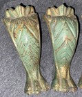 4 Antique Cast Iron Brass  Stove  Parlor Feet Legs Vintage Great Green Patina 6   