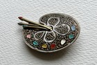 Vtg Damascene Artist Palette Brooch Pin Signed Spain Enamel Paint Brushes