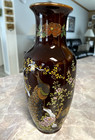 Vintage Japanese Peacock And Floral Decorative Vase Hand-painted  Dark Brown 