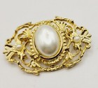 Victorian Filigree Brooch Gold Tone Faux Pearl Floral Vintage Victorian
