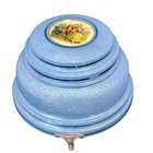 Vintage 1950s Blue Aluminum Musical Powder Puff Box     Fragonard Scene