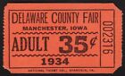 Vintage Ticket Delaware County Fair Manchester Iowa 1934 New Old Stock N-mint 