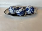 Vintage Porcelain Orb Carpet Balls In Tray  4pc Floral Fish Asian Flo Blu Delft