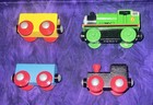 Vtg Brio Wooden Train Set Lot Of 4 Engine Blue Yellow Cars Percy Green Magnets