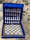 15-inch Handcrafted Marble Chess Set With Blue Velvet Gift Box   grey White 