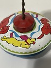 Vintage Small Spinning Top Tin Litho Dogs Red Yellow Blue W Wood Knob
