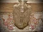Vintage Cut Glass Decanter Set With 6 Shot Glasses Lucite Display Holder