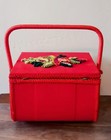 Vintage 1970s Jc Penny Red Sewing Box  Crewel Floral Design On Lid With Tray