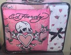 Ed Hardy Pink W hearts roses skulls 8pc Queen Set Comforter shams sheets  pillow