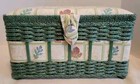 Vintage Woven Wicker Sewing Basket Storage Box Padded W pin Cushion Green