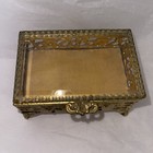 Vintage Gold Ormolu Filigree Beveled Glass Jewelry Box Casket Ornate Footed
