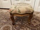 French Antique Hand Carved Footstool Bench Needlepoint Upholstery Brass Nailhead