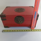 Chinese Red Lacquer Jewelry Chest 8  Lbs 14x9x6 5   Large Box Brass Hardware Vtg