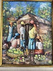 Vtg Haitian Oil Painting Canvas Market Village By  Micheline Michel Bamboo Frame