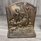 Vintage Nordic Bookends Bronzed Cast Metal Viking Warrior Rustic European Heavy