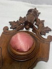 Vintage Rustic Wood Carved  Sewing Wall D  cor Spool Thread Rack With Pin Cushion