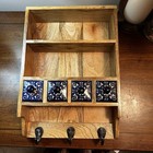 Vintage Style Wood 2 Tier Shelf W 4 Blue Ceramic Drawers 3 Hangers Kitchen Entry