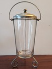 Vintage Clear Glass Ice Bucket W  Metal Stand  Handle   Lid Cover  Barware