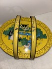 Vintage Oval Metal Tin Sewing Box Double Handle Victorian Life Scenes Litho 4x11