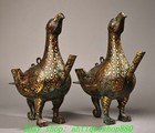 9 4 old Dynasty Bronze Ware Gilt Phoenix Bird Wine Tea Pot Flagon Pair