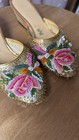 Vintage Beaded Floral Wedge Mules Gold Sequin Embroidered Sandals Petite Size 5