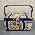 Vintage Fabric Covered Sewing Basket With Extras Handle Hook   Loop Closure
