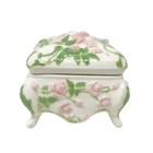 Vintage Ceramic Footed Trinket Box Hand Painted Pink Flowers Leaves Vines 1987