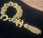Vintage Chanel Gold Plated Cc Logo Tassel Etruscan Lava Bracelet  Mark 93a -read