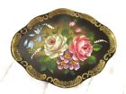 Vintage Hand Painted Artist Signed Collectable Tole Tray Pin Brooch Earring Set