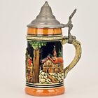 Vintage Original Signed German Ceramic Hand Painted Glazed Pewter Lid Beer Stein