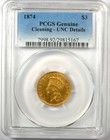 1874 Three Dollar Indian Gold Coin  3 - Pcgs Uncirculated Detail  unc Ms  - Rare