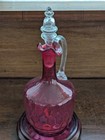 Antique Vintage Victorian Cranberry Glass Decanter Clear Stopper Applied Handle