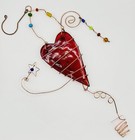 Vintage Hanging Stained Glass Sun Catcher Red Heart Copper Wire Colorful Beads