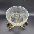 Vintage Crackle Glass Bowl Or Votive Candle Holder On Brass Stand With 3 Dragons
