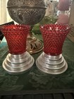 Homco Ruby Red Hobnail Cadmium Glass Peg Votive Candle Holder Set Of Two