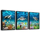 Black Framed Art Prints - Blue Ocean Sea Turtle Wall Art  3 Piece Set For 