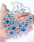 Choker Bib Necklace Earring Set Rhinestone Crystal Aqua Blue Prom Bridal Jewelry