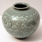 Korean Celadon Vase Signed Inlaid Crane And Cloud Motifs 6  Tall- Blue Green