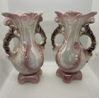 Vintage Pair Of Footed Vases Beautifully Detailed With Glossy Glaze 