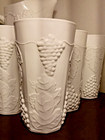 Milk Glass Pitcher And 8 Glasses Or Tumblers Grape   Leaf Harvest Design