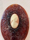 Avon 1970   s Cameo Amber Lucite Hand Mirror Ornate Vine Handle Collectible Vanity