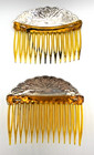 Vintage Art Deco Hair Combs Pair Amber Celluloid Silver Tone Engraved 3   