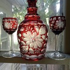 1880s Bohemian Ruby Red Overlay Cut To Clear Decanter   Matching Pair Of Glasses