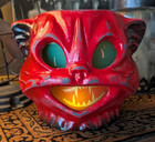 Paper Mache Style Halloween Creepy Cat Head Lighted Lantern Red Black 6 